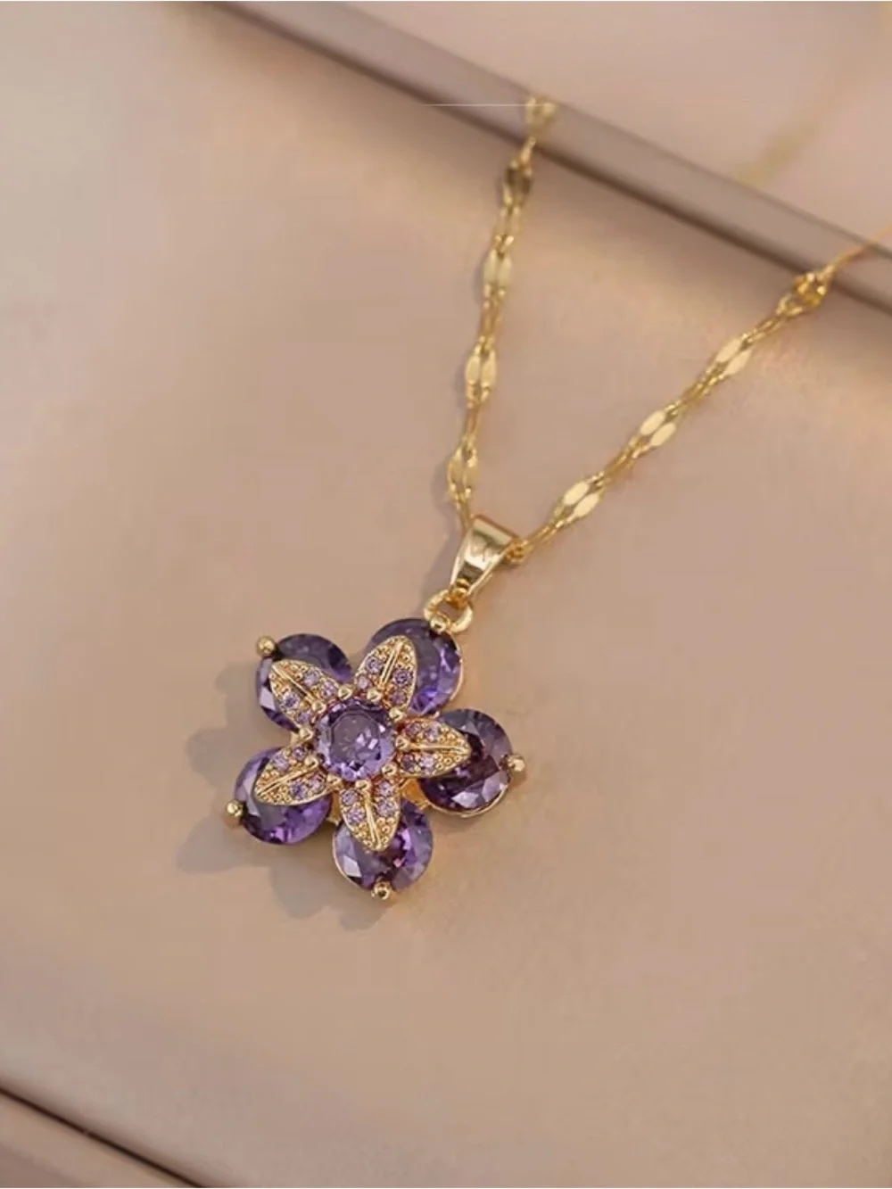 Gorgeous Gold and Purple Gemstone Flower Pendant Necklace - Picture 6 of 8